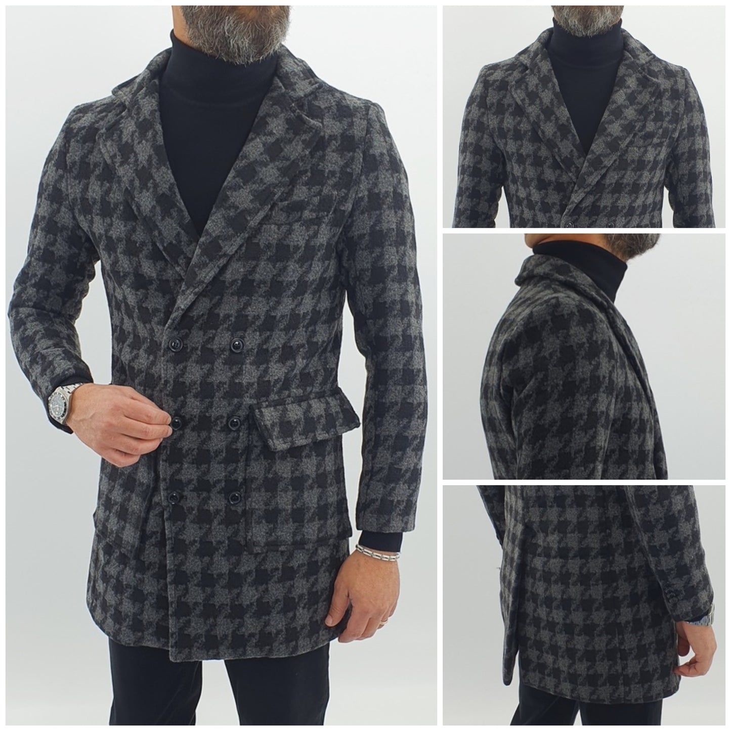 Cappotto Uomo Invernale doppiopetto Giacca Slim quadri Giubbino Nero Elastico