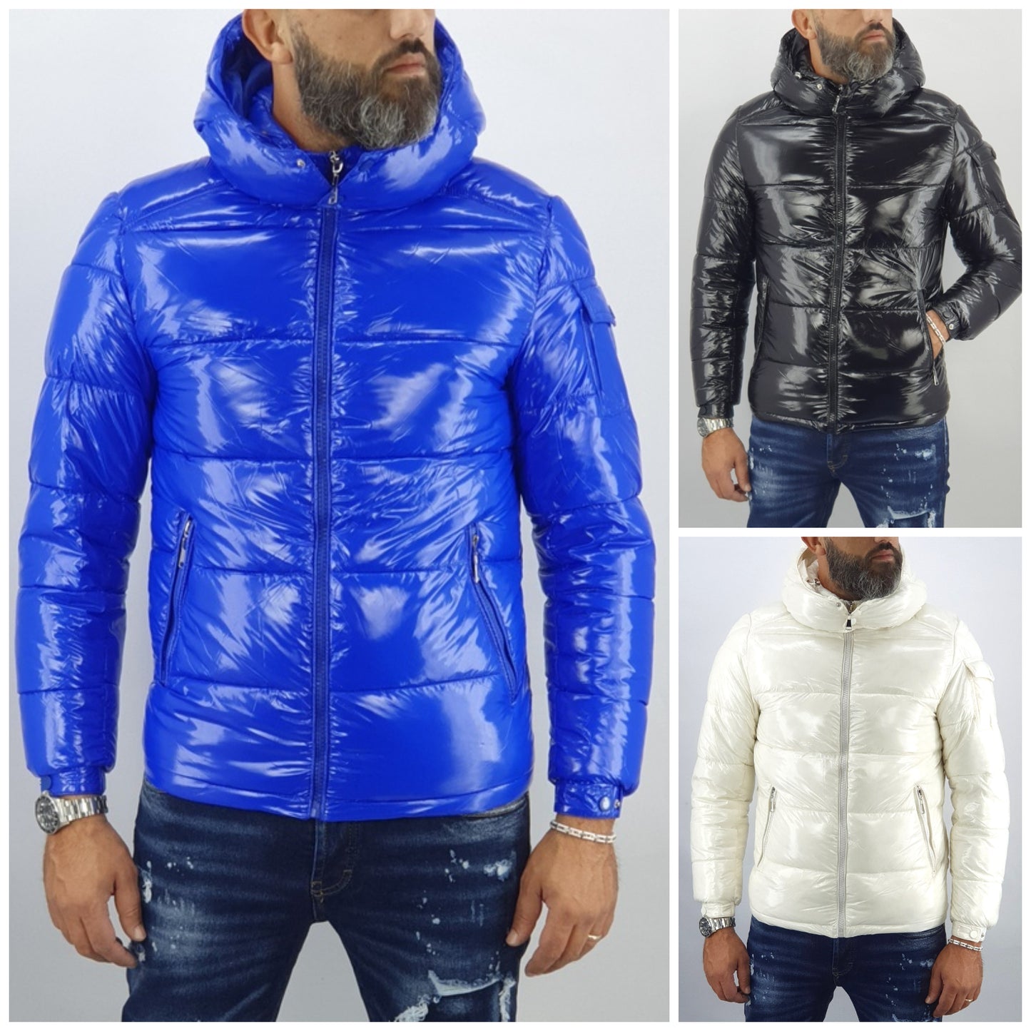 Giubbotto Uomo Giubbino Foderato Piumino Invernale Cappuccio Tasche Lucido Slim