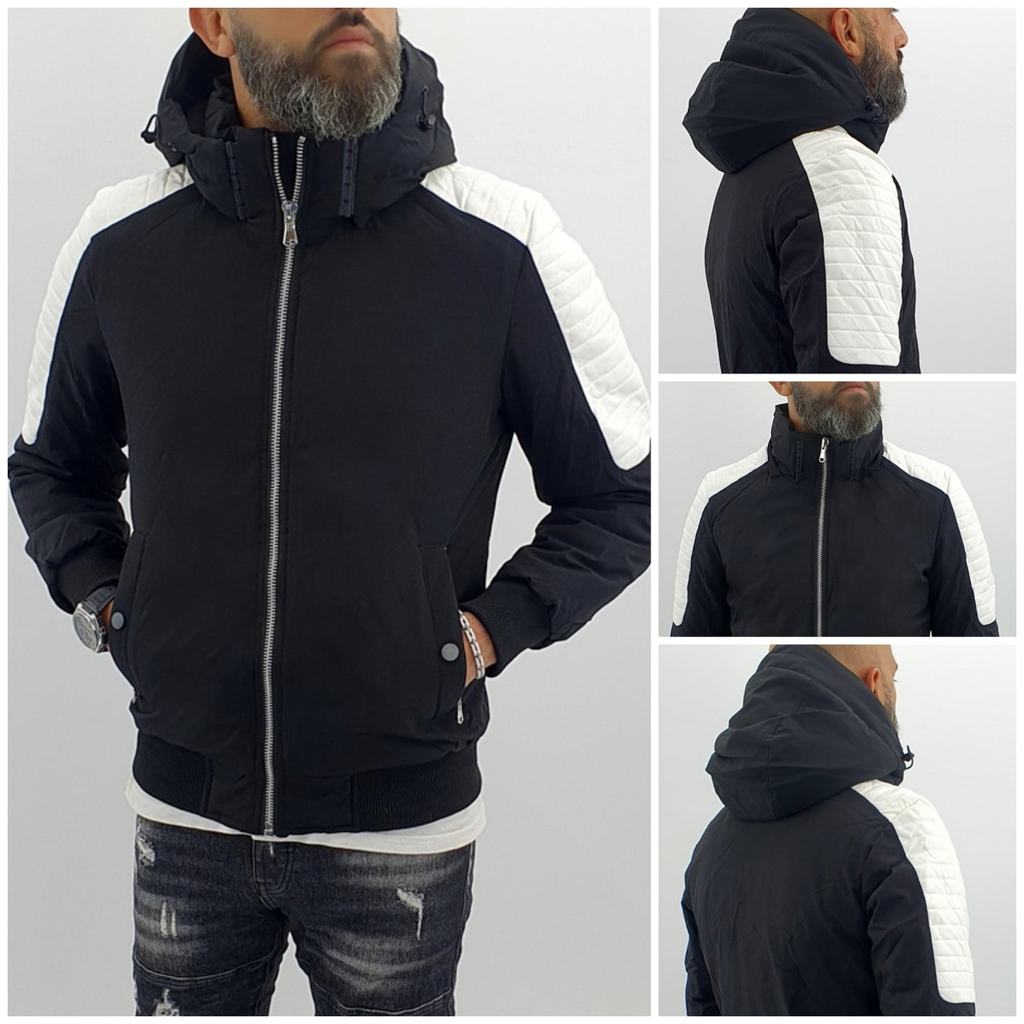 giubbino uomo cappuccio bicolore impermeabile biker ecopelle m,l,xl,xxl,3xl