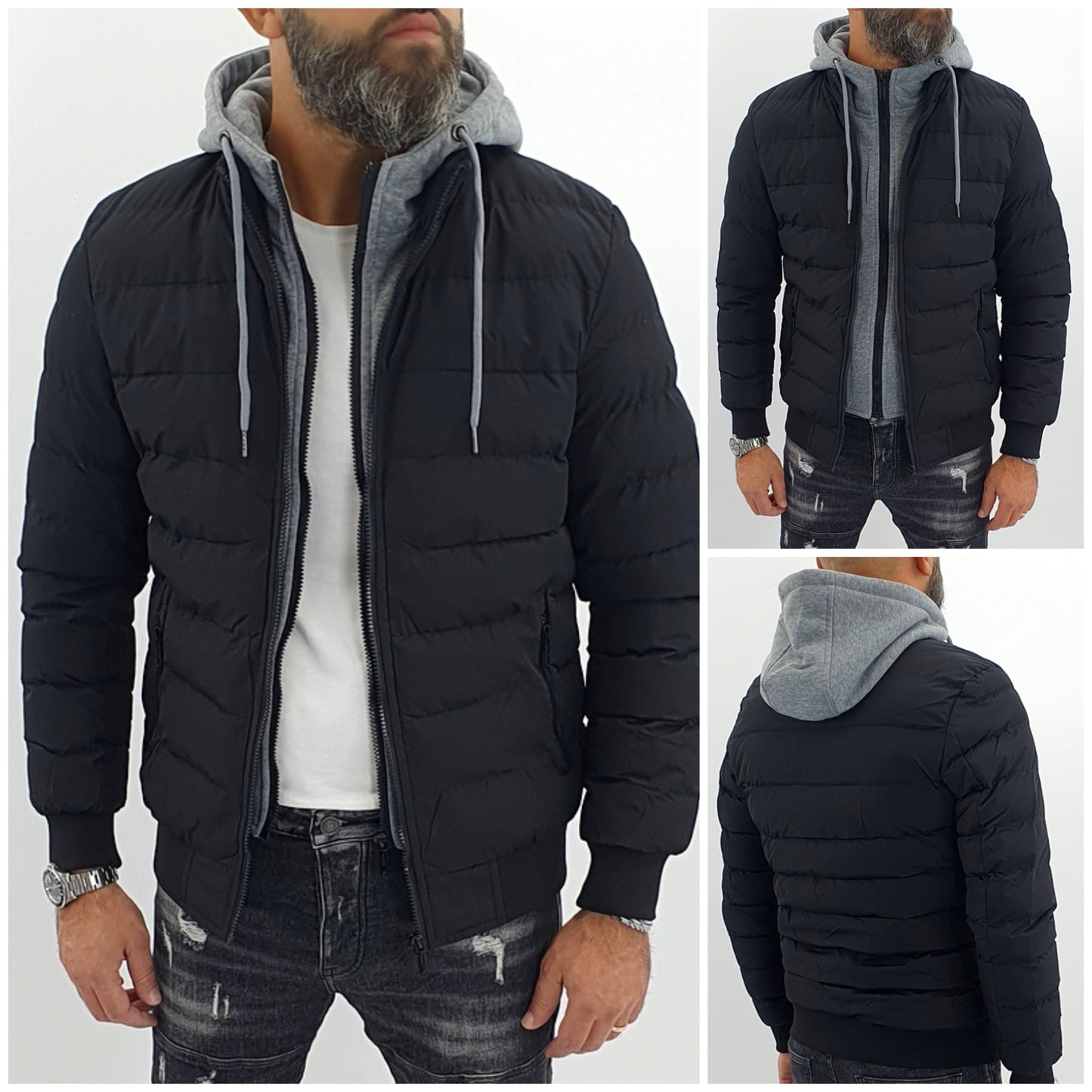 piumino uomo semi impermeabile nero con pettorina e cappuccio felpato fisso