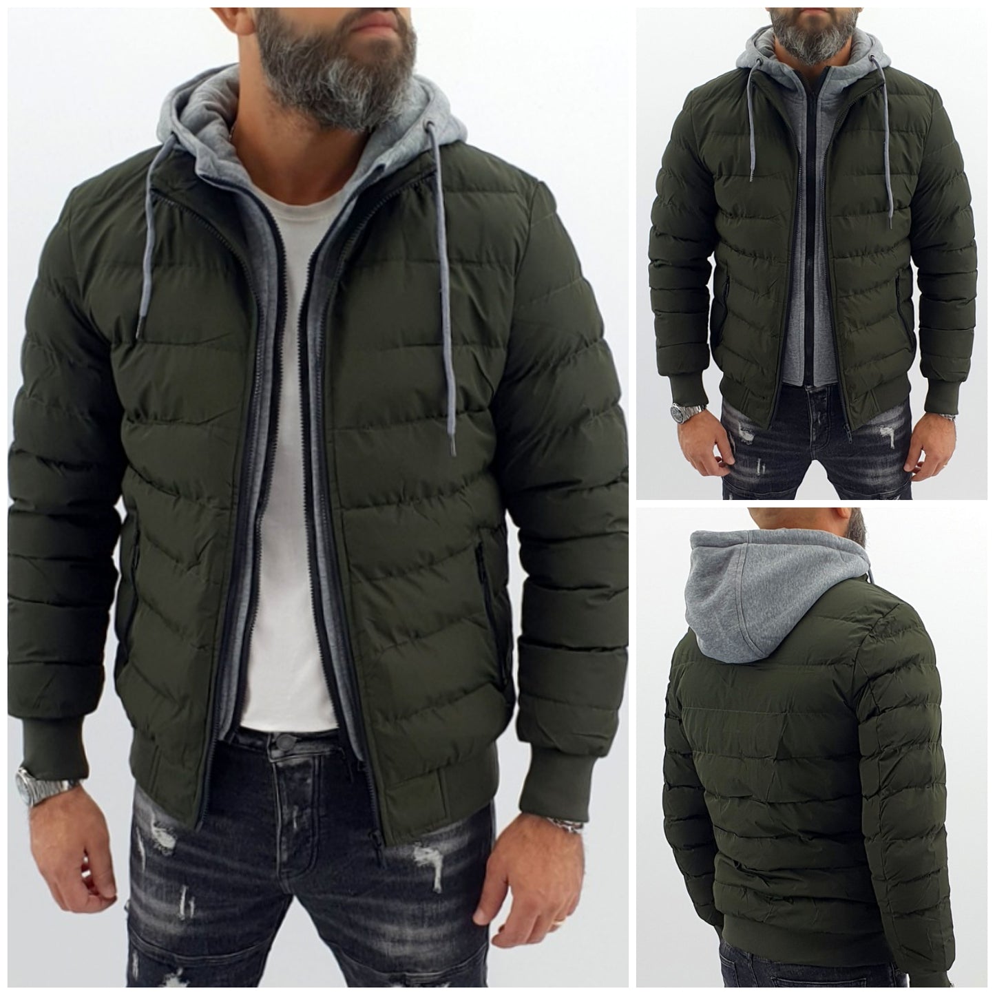 piumino uomo semi impermeabile verde con pettorina e cappuccio felpato fisso
