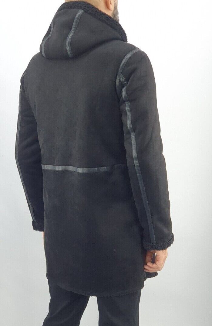 Giubbotto Uomo Invernale Cappotto Montone shearling Giacca Con Cappuccio Nero