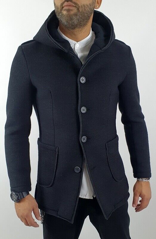 CAPPOTTO NERO  TESSUTO TERMICO CON CAPPUCCIO ITALY S,M,L,XL,XXL