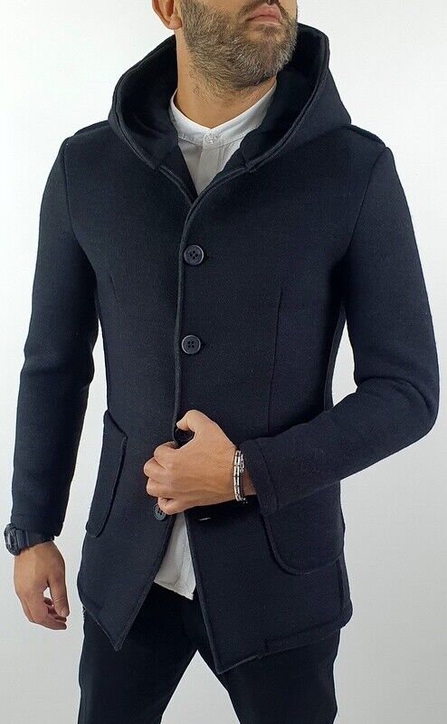 CAPPOTTO NERO  TESSUTO TERMICO CON CAPPUCCIO ITALY S,M,L,XL,XXL