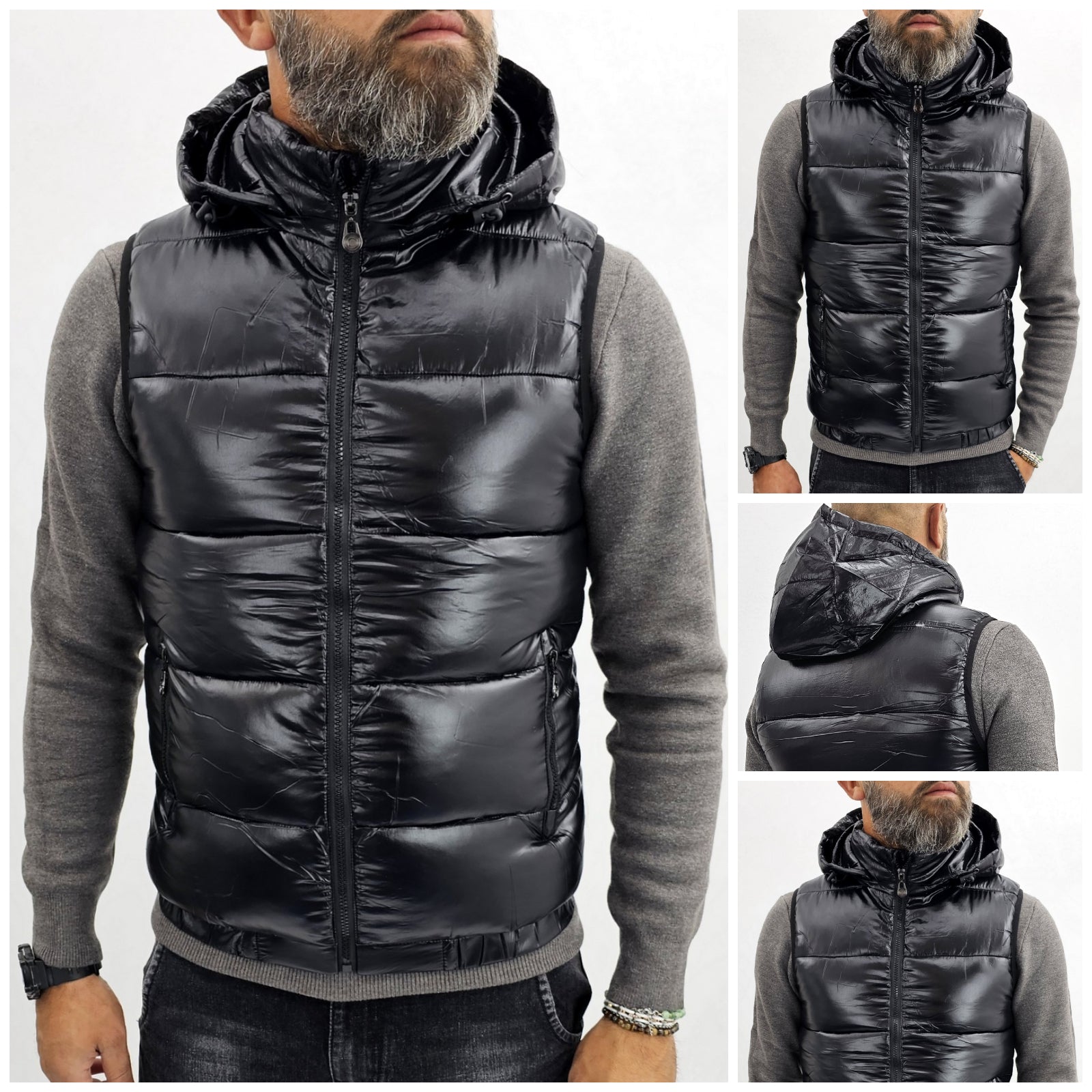 Giacca Uomo giubbino gilet smanicato giromanica nero cappuccio Slim fi Zero081italia