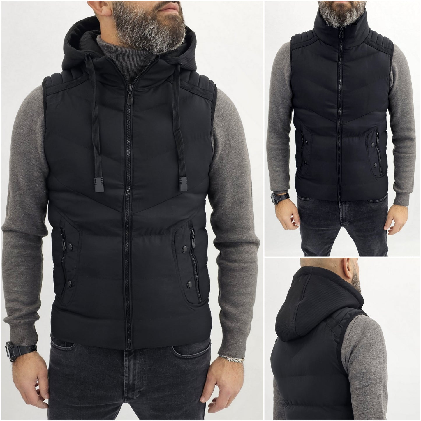 Giacca Uomo giubbino gilet smanicato giromanica nero cappuccio Slim corto casual