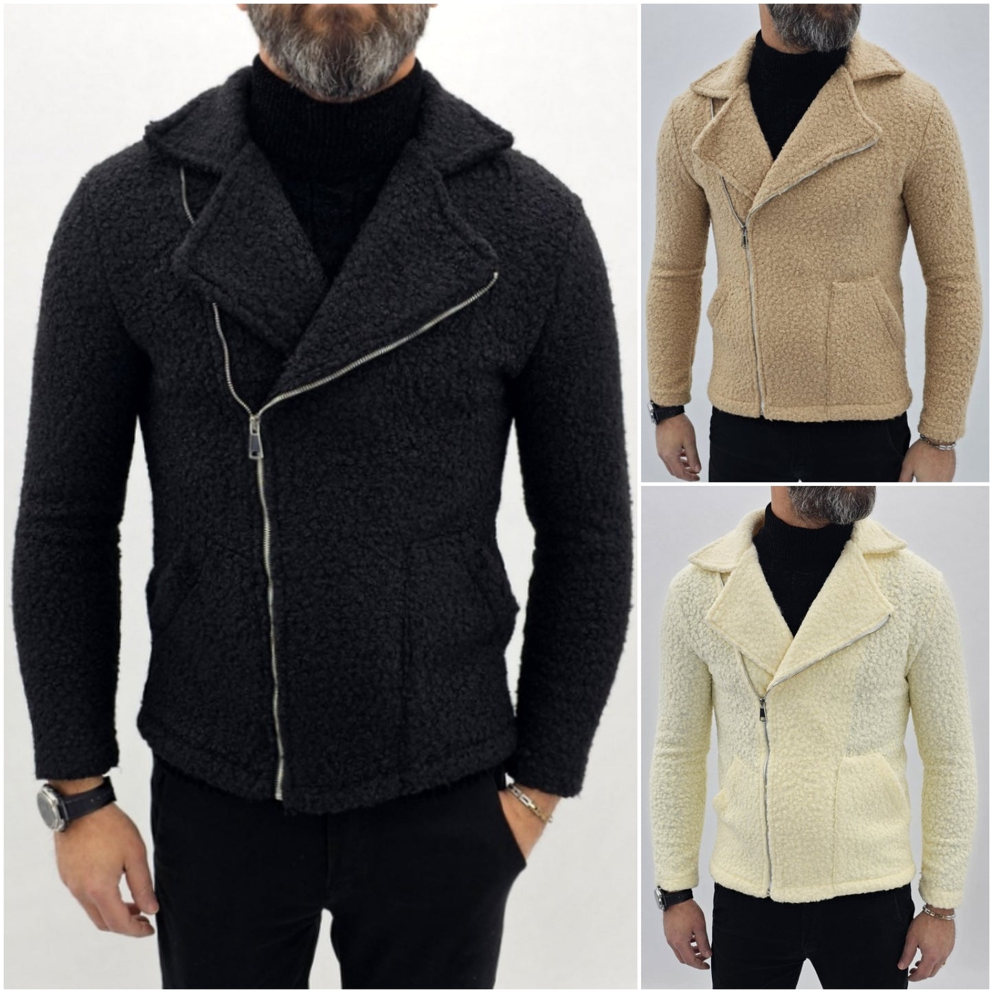 giubbino uomo modello chiodo zip trasversale tessuto teddy