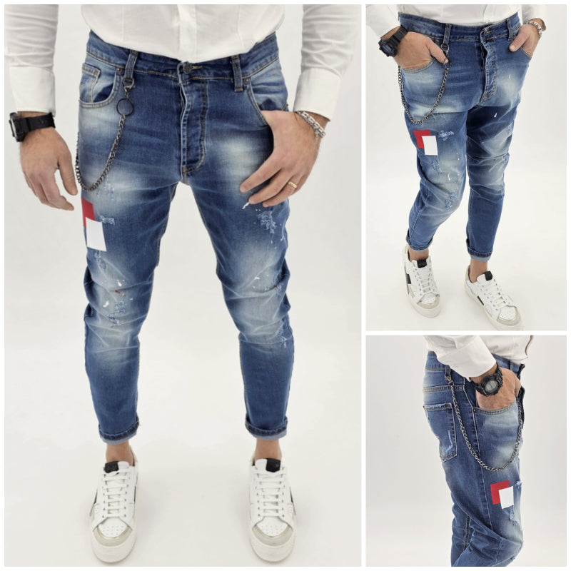 jeans uomo cavallo basso toppe strappi catena estraibile 42,44,46,48,50,52,54