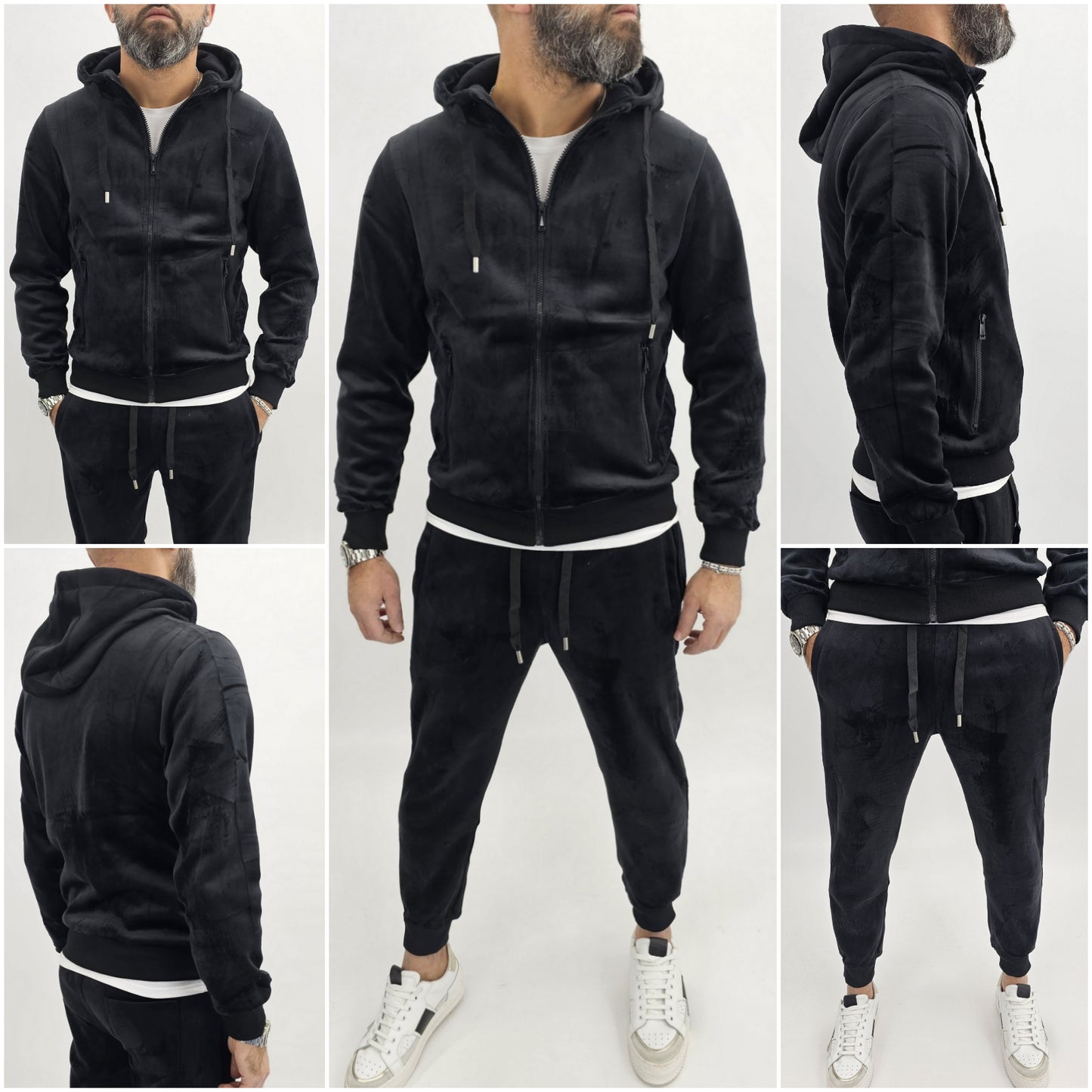 Tuta Completo Uomo Felpa camoscio nero sport Cappuccio Casual s,m,l,xl,xxl