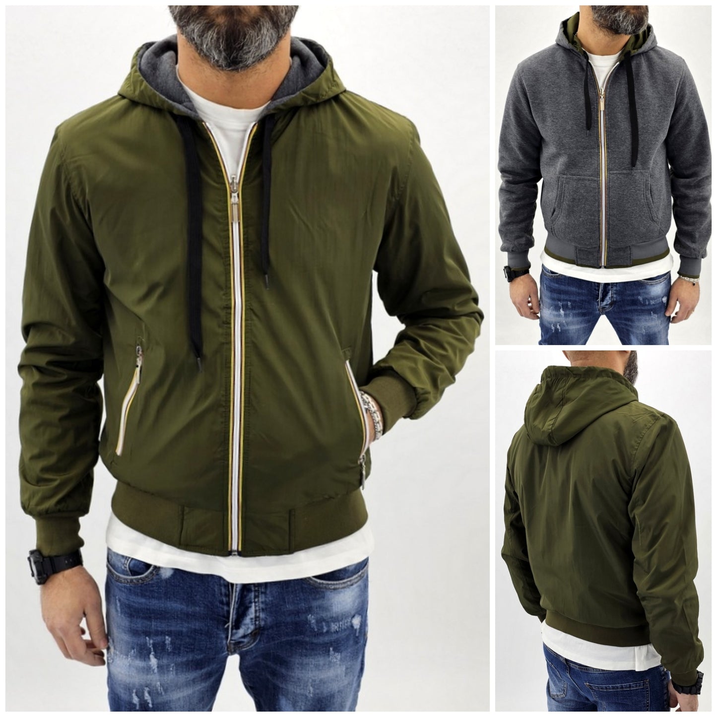 giubbino uomo bomber double face semi impermabile cappuccio nero,verde,blu