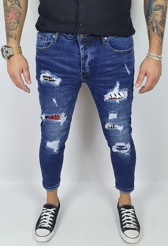Jeans Denim Pantaloni Uomo Slim Fit Casual Blu Scuro Con Strappi Toppe