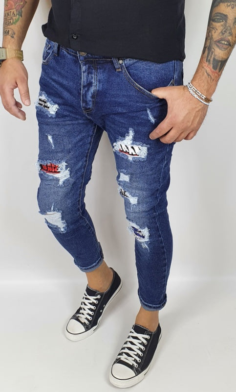 Jeans Denim Pantaloni Uomo Slim Fit Casual Blu Scuro Con Strappi Toppe