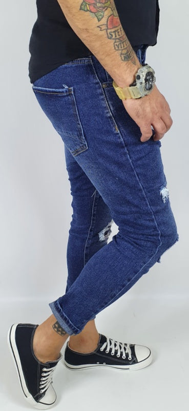 Jeans Denim Pantaloni Uomo Slim Fit Casual Blu Scuro Con Strappi Toppe