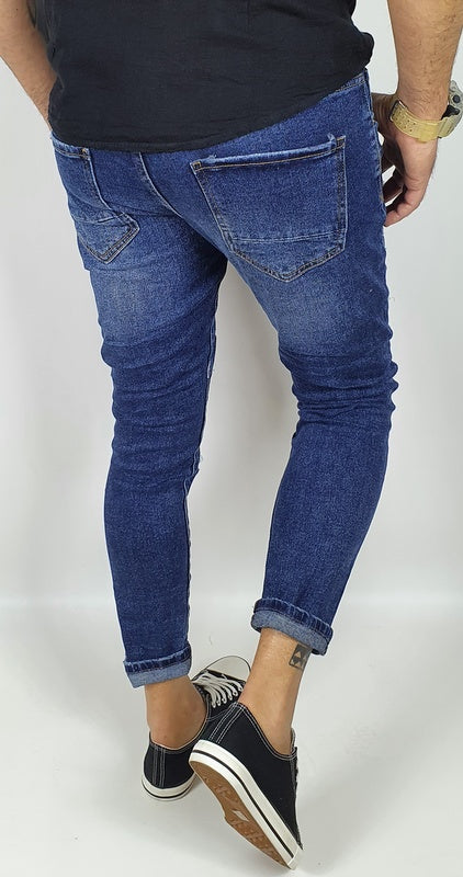 Jeans Denim Pantaloni Uomo Slim Fit Casual Blu Scuro Con Strappi Toppe