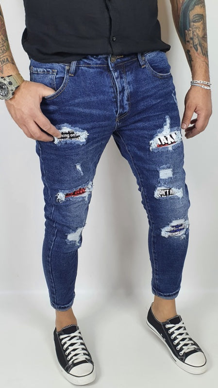 Jeans Denim Pantaloni Uomo Slim Fit Casual Blu Scuro Con Strappi Toppe