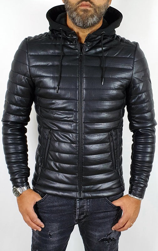 Giubbotto Uomo Foderato Eco pelle Bomber Nero Cappuccio Estraibile