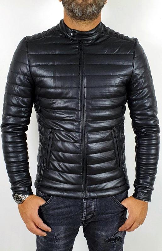 Giubbotto Uomo Foderato Eco pelle Bomber Nero Cappuccio Estraibile