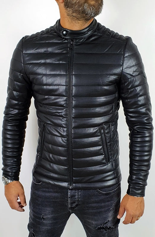 Giubbotto Uomo Foderato Eco pelle Bomber Nero Cappuccio Estraibile