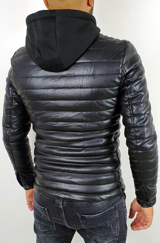 Giubbotto Uomo Foderato Eco pelle Bomber Nero Cappuccio Estraibile