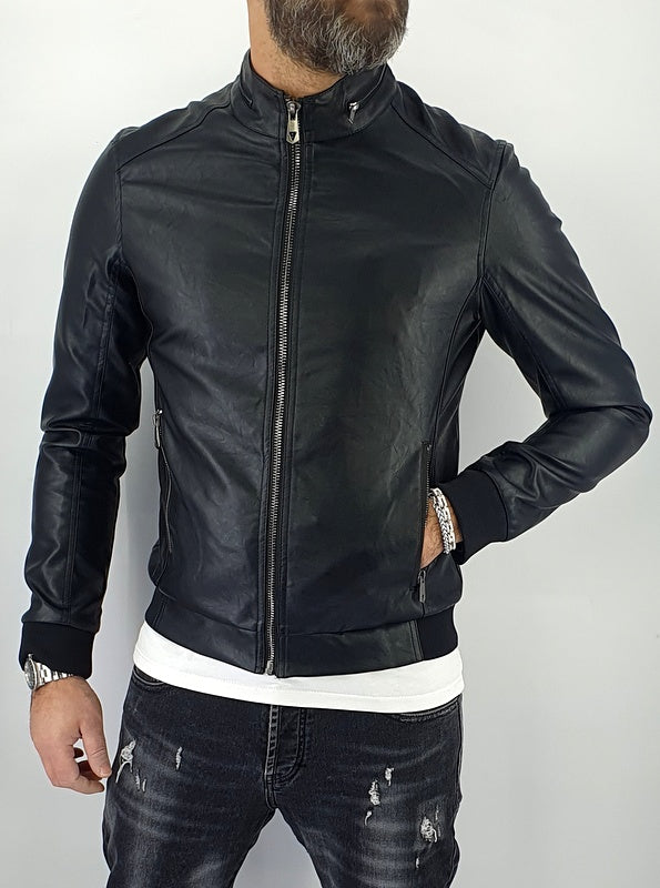 Giubbino Uomo Bomber Mezzo Collo Primaverile Ecopelle Giacca Corto Nero Slim Fit