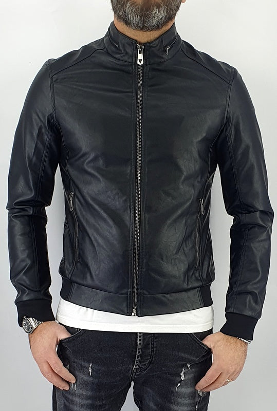Giubbino Uomo Bomber Mezzo Collo Primaverile Ecopelle Giacca Corto Nero Slim Fit