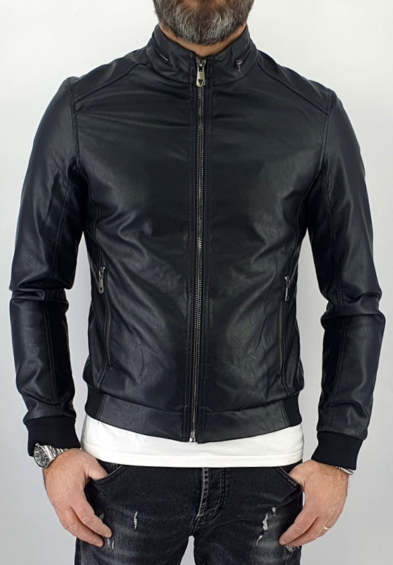 Giubbino Uomo Bomber Mezzo Collo Primaverile Ecopelle Giacca Corto Nero Slim Fit