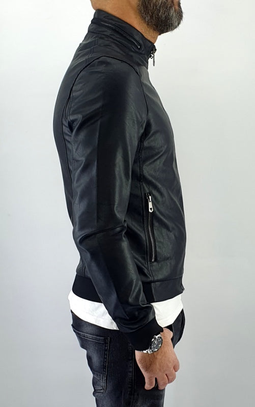 Giubbino Uomo Bomber Mezzo Collo Primaverile Ecopelle Giacca Corto Nero Slim Fit