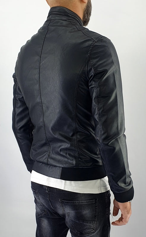 Giubbino Uomo Bomber Mezzo Collo Primaverile Ecopelle Giacca Corto Nero Slim Fit