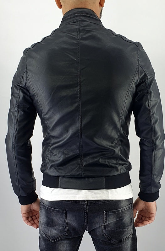 Giubbino Uomo Bomber Mezzo Collo Primaverile Ecopelle Giacca Corto Nero Slim Fit