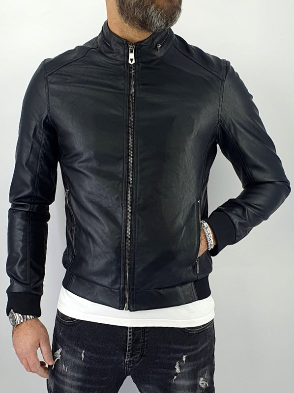Giubbino Uomo Bomber Mezzo Collo Primaverile Ecopelle Giacca Corto Nero Slim Fit