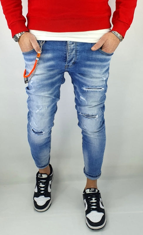 Jeans Denim Pantaloni Catena Estraibile Uomo Slim Elasticizzati Con Strappi