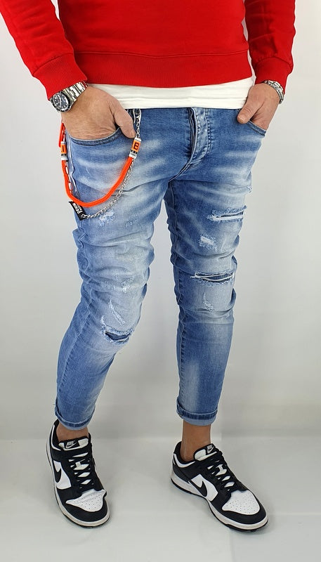 Jeans Denim Pantaloni Catena Estraibile Uomo Slim Elasticizzati Con Strappi