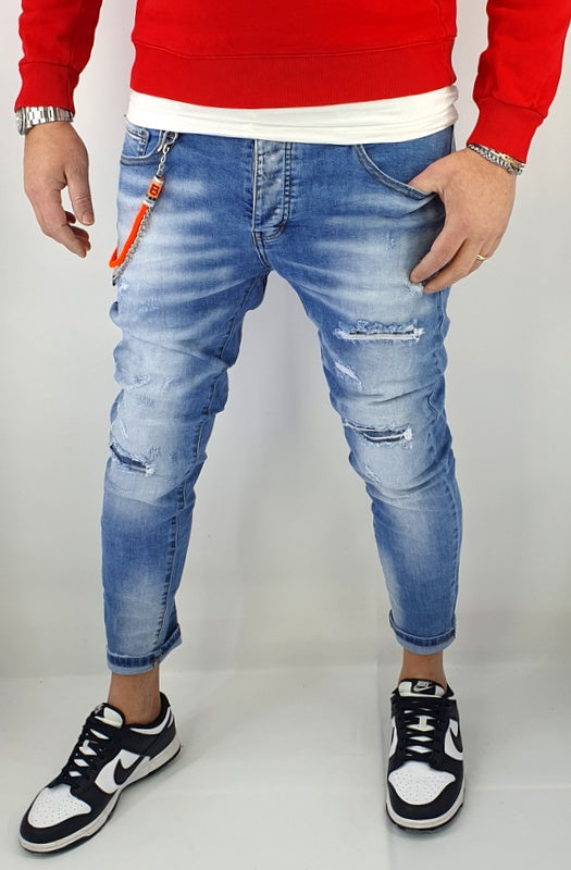 Jeans Denim Pantaloni Catena Estraibile Uomo Slim Elasticizzati Con Strappi
