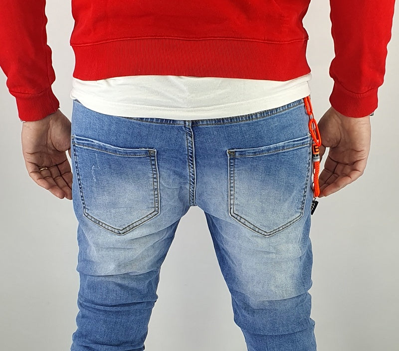 Jeans Denim Pantaloni Catena Estraibile Uomo Slim Elasticizzati Con Strappi