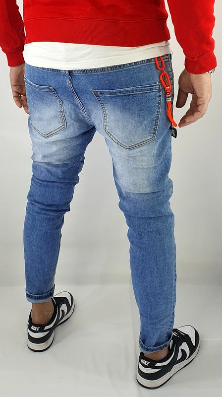 Jeans Denim Pantaloni Catena Estraibile Uomo Slim Elasticizzati Con Strappi