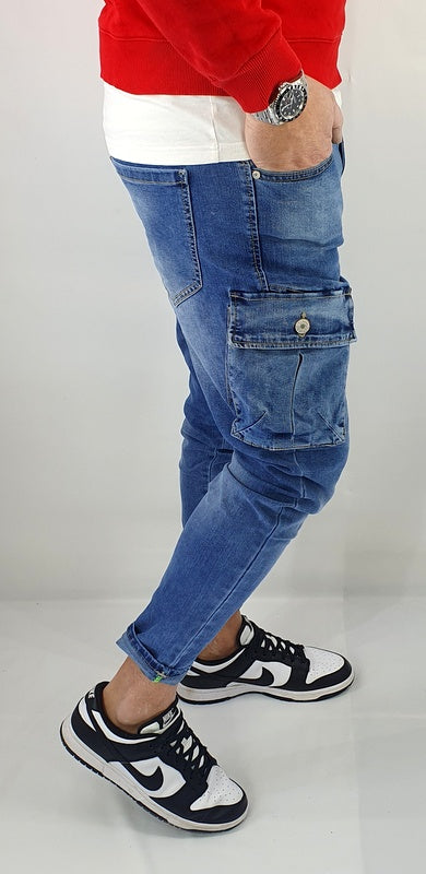 Jeans Pantalone Uomo Strappi Cotone Elasticizzato Tasconi Blu Cargo Tasche Denim