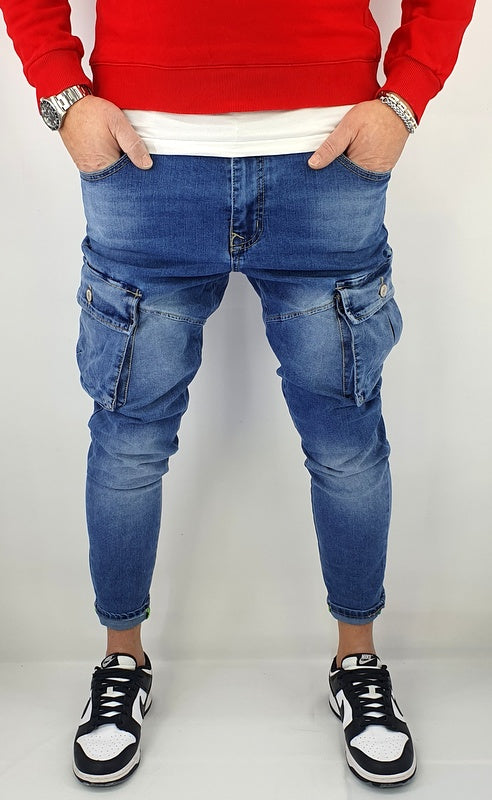Jeans Pantalone Uomo Strappi Cotone Elasticizzato Tasconi Blu Cargo Tasche Denim