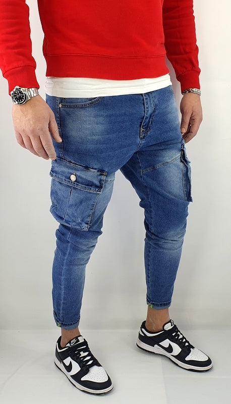 Jeans Pantalone Uomo Strappi Cotone Elasticizzato Tasconi Blu Cargo Tasche Denim