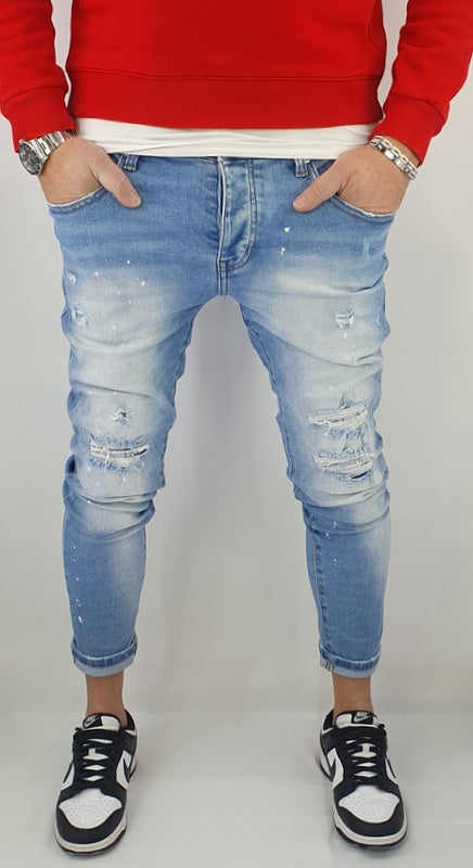Jeans Denim Pantaloni Uomo Slim Fit Elasticizzato Con Strappi Pittura Chiaro Blu