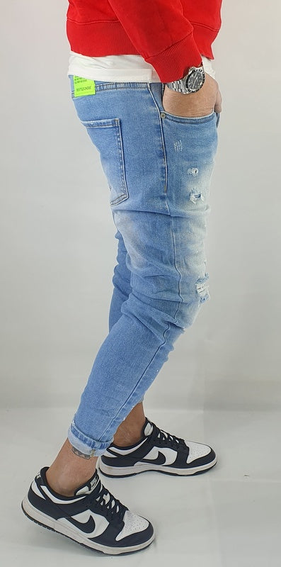 Jeans Denim Pantaloni Uomo Slim Fit Elasticizzato Con Strappi Pittura Chiaro Blu