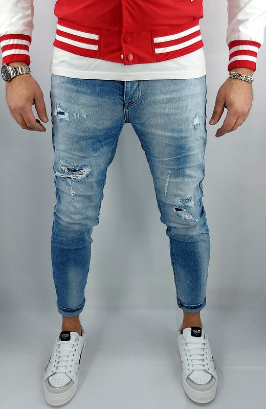 Jeans Denim Pantaloni Uomo Slim Fit Elasticizzato Con Strappi toppe sfumato