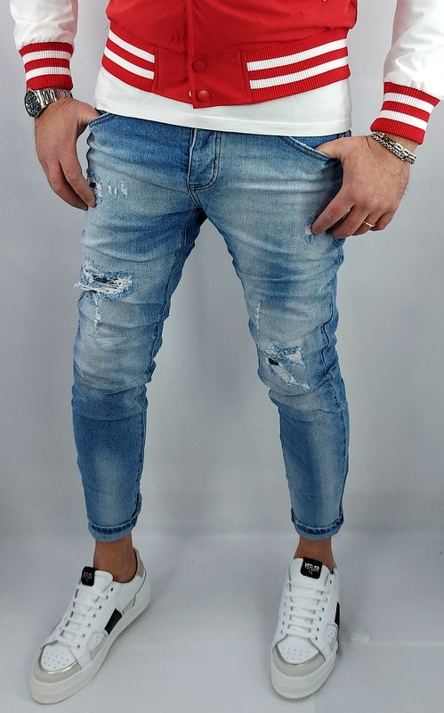 Jeans Denim Pantaloni Uomo Slim Fit Elasticizzato Con Strappi toppe sfumato