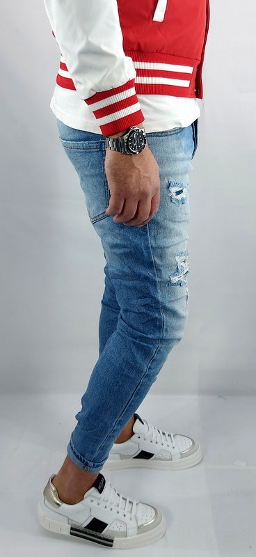 Jeans Denim Pantaloni Uomo Slim Fit Elasticizzato Con Strappi toppe sfumato