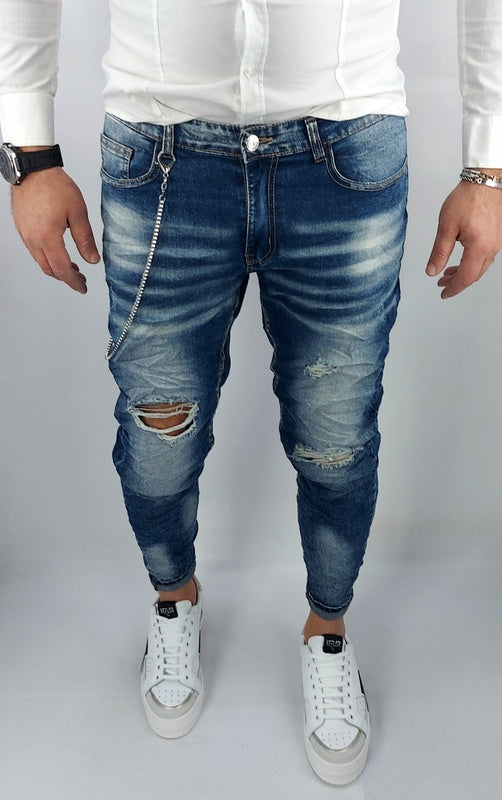 Jeans uomo Primaverile Blu Catena Estraibile Slim Elasticizzati Con Strappi Caviglia stretta