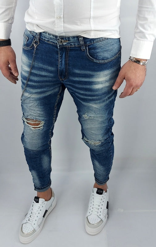 Jeans uomo Primaverile Blu Catena Estraibile Slim Elasticizzati Con Strappi Caviglia stretta