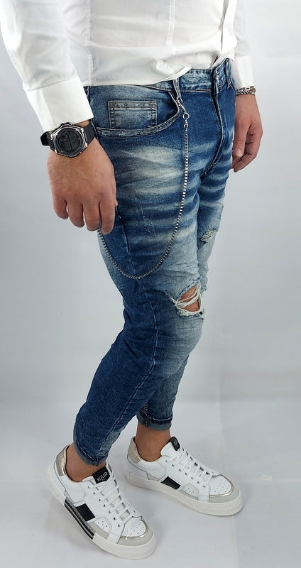 Jeans uomo Primaverile Blu Catena Estraibile Slim Elasticizzati Con Strappi Caviglia stretta