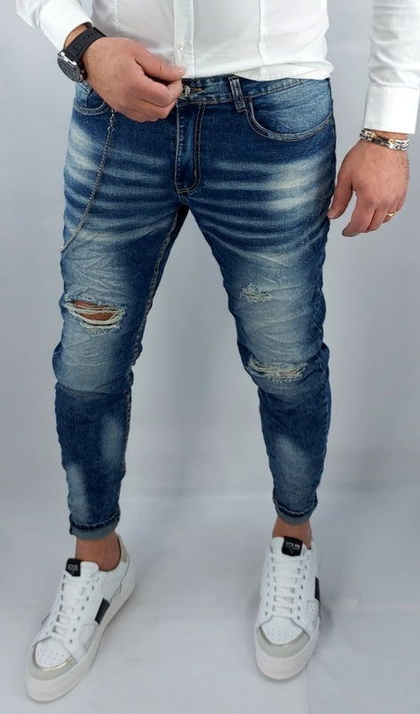 Jeans uomo Primaverile Blu Catena Estraibile Slim Elasticizzati Con Strappi Caviglia stretta