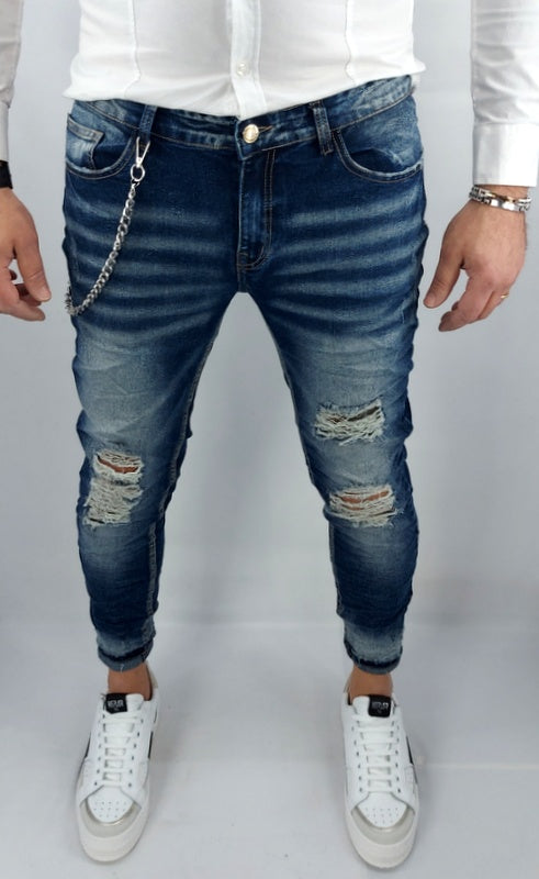 Jeans uomo Primaverile Blu Sfumato Catena Estraibile Slim Elasticizzati Strappi Caviglia stretta