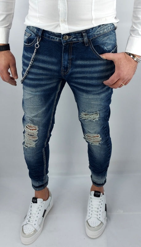 Jeans uomo Primaverile Blu Sfumato Catena Estraibile Slim Elasticizzati Strappi Caviglia stretta