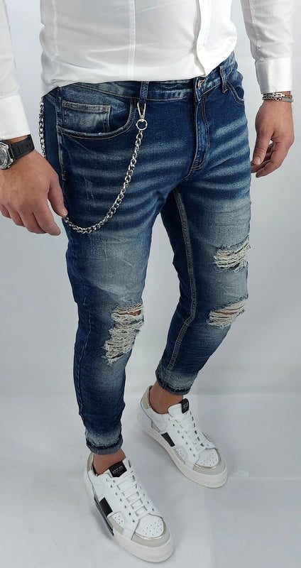 Jeans uomo Primaverile Blu Sfumato Catena Estraibile Slim Elasticizzati Strappi Caviglia stretta